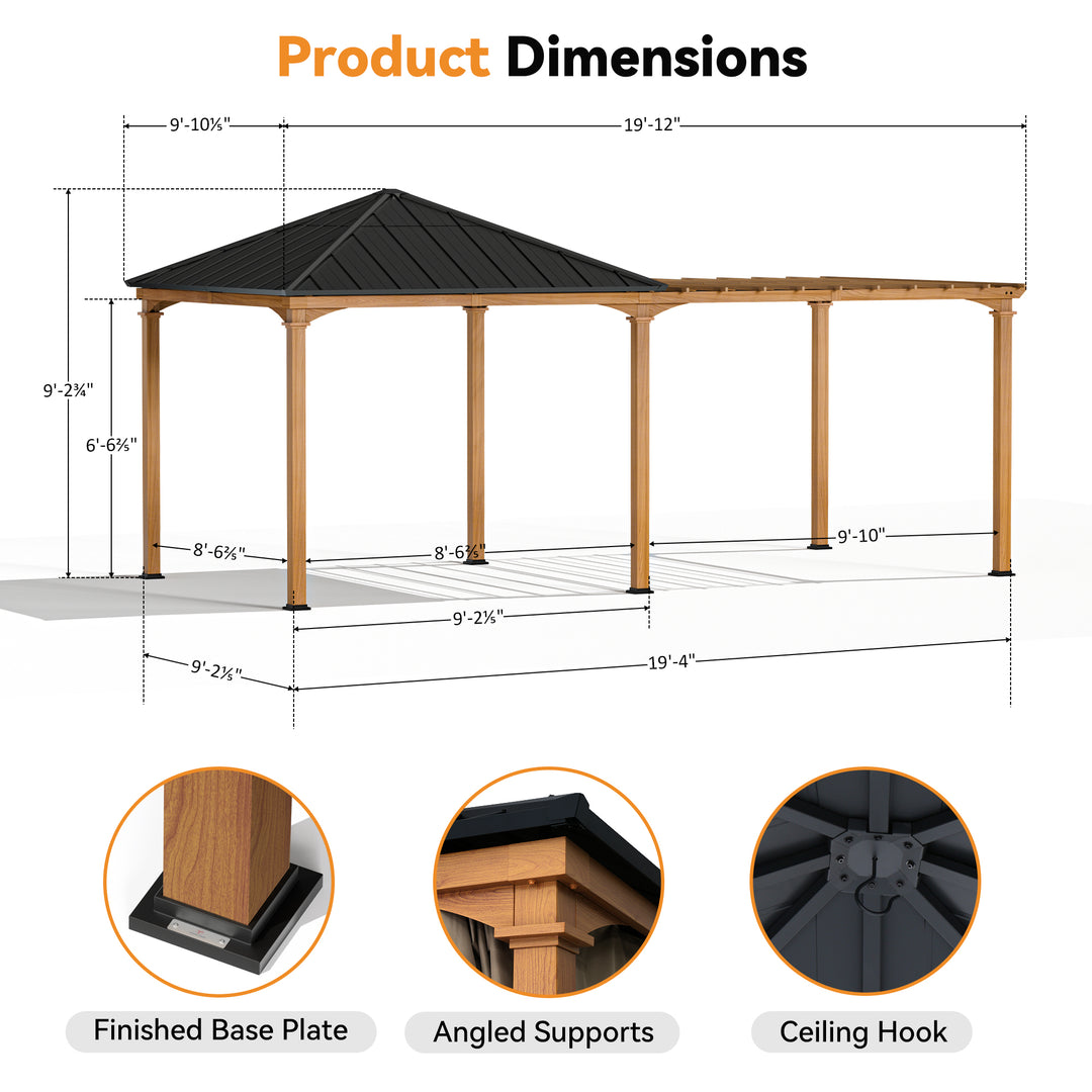 Modern Shade Sunrise Coast 10'x20' Pavilion Pergola Hybrid Gazebo with Adjustable Shade Fabric, Hardtop Roof with Privacy Curtains, Outdoor Hot Tub Pavilion for Patio or Garden,  Wood-Looking