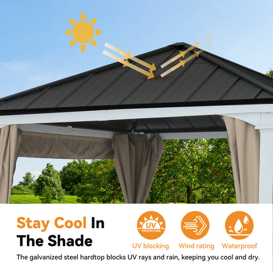 Modern Shade Sunrise Coast 10'x20' Pavilion Pergola Hybrid Gazebo with Adjustable Shade Fabric, Hardtop Roof with Privacy Curtains, Outdoor Hot Tub Pavilion for Patio or Garden, Black and White