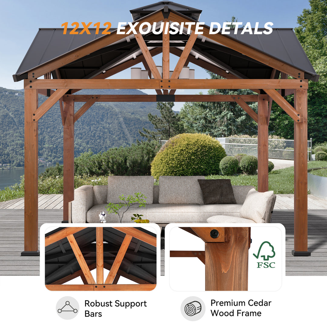 Modern Shade Cedar Wood 12’ x 12’ Gazebo with Sturdy Galvanized Steel Roof