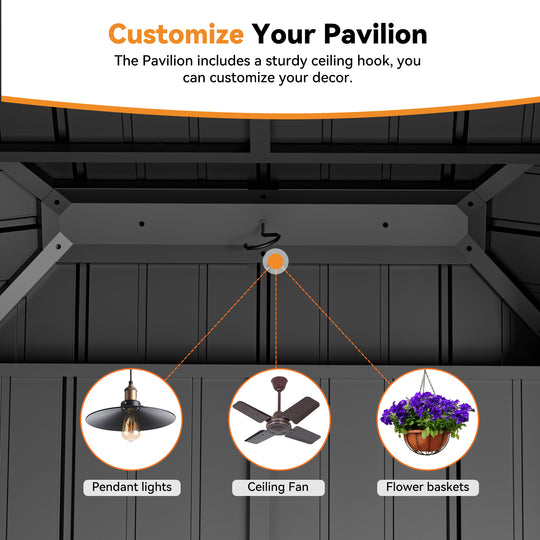 Modern Shade Grill Gazebo 6' X 8' Aluminum with Shelves Ceiling Hook and Galvanized Steel Roof for Wood Look Design