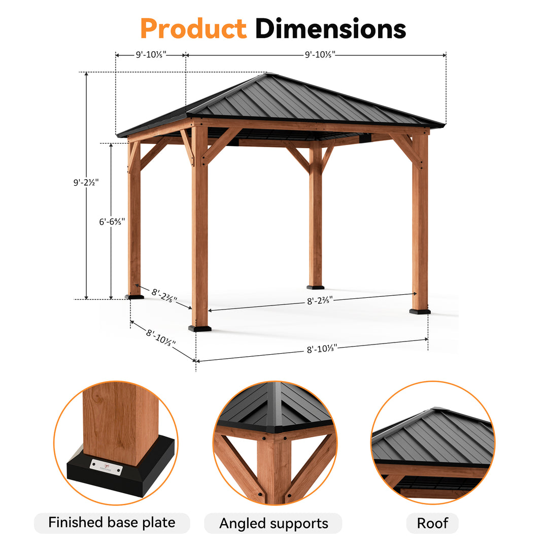 Modern Shade Tranquil Grove Wood Gazebo 10' x 10', Permanent Hardtop Gazebo with Galvanized Steel and Polycarbonate Hip Roof Hardtop, Mosquito Netting and Curtains，Cedar Framed Wooden Gazebo for Garden, Backyard