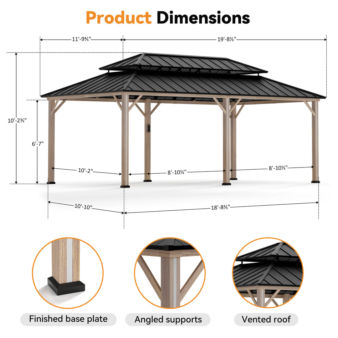 Modern Shade Hardtop Gazebo 12' x 20' with 6 LED Lights, Outdoor Gazebo with Galvanized Steel Double Roof，Pavilion with USB Charging Port Deck, Netting and Curtains for Patios, Wood-Looking