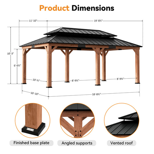 Modern Shade Rosewood Wood Gazebo 12' x 20', Cedar Framed Wooden Gazebo with Double Galvanized Steel Roof, Permanent Hardtop Wood Gazebo with Sturdy Hooks for Garden, Backyard, Patio, and Deck