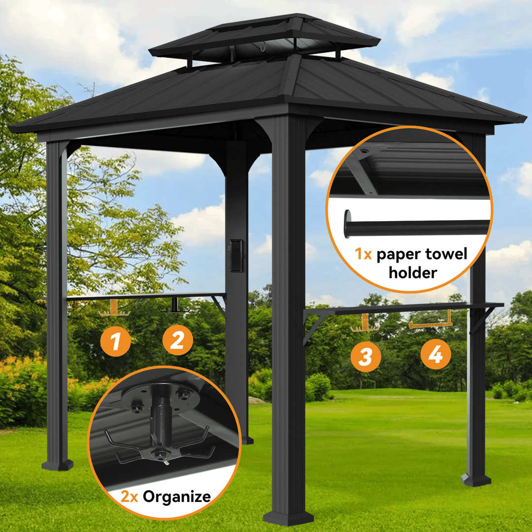 Modern Shade BBQ Gazebo 6' X 8' Black Aluminum with Shelves and Ceiling Hook