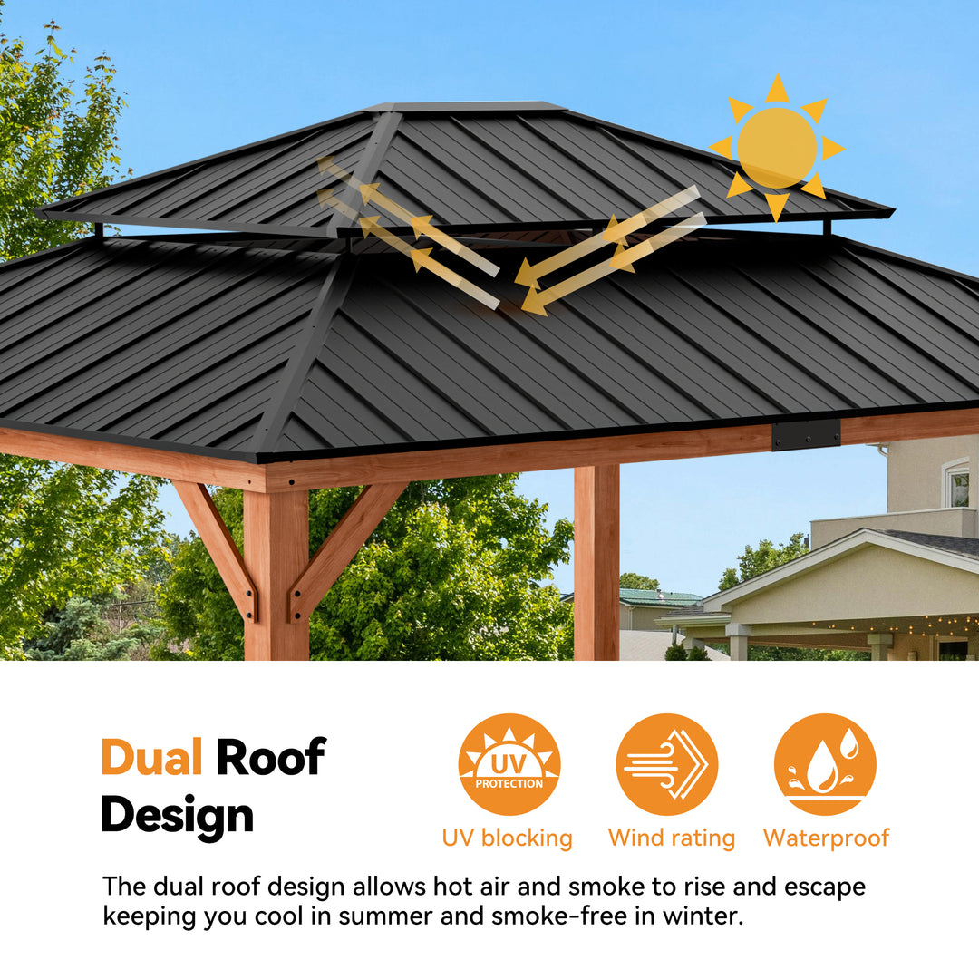 Modern Shade Rosewood Wood Gazebo 13' x 15', Cedar Framed Wooden Gazebo with Double Galvanized Steel Roof, Permanent Hardtop Wood Gazebo with Sturdy Hooks for Garden, Backyard, Patio, and Deck