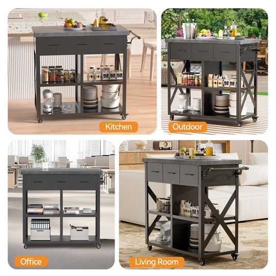 Modern Shade Outdoor Grill Cart with 150LBS Marble Countertop & 3-Drawers - 39 In W Heavy Duty Grill Table for Outside, Locking Casters, Waterproof Blackstone Table, Kitchen/Patio BBQ Cart