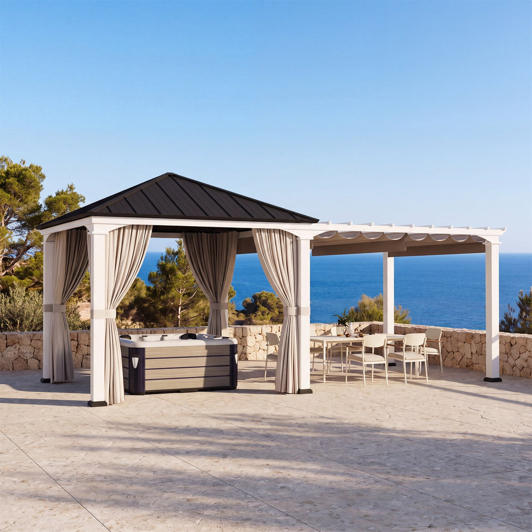 10'x20' Sunrise Coast Metall-Hardtop-Pavillon mit Hybrid-Pavillon + Pergola-Design