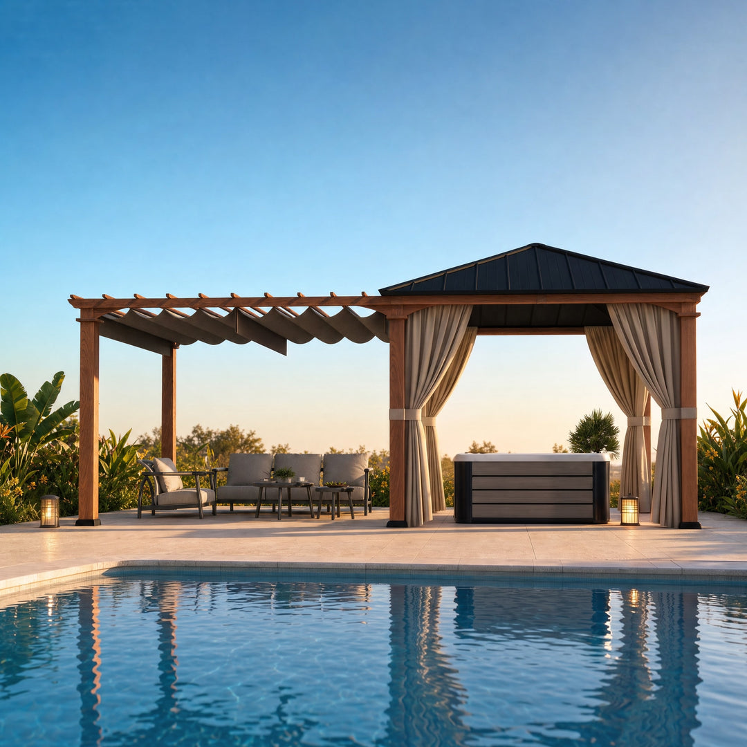 10'x20' Sunrise Coast Metall-Hardtop-Pavillon mit Hybrid-Pavillon + Pergola-Design