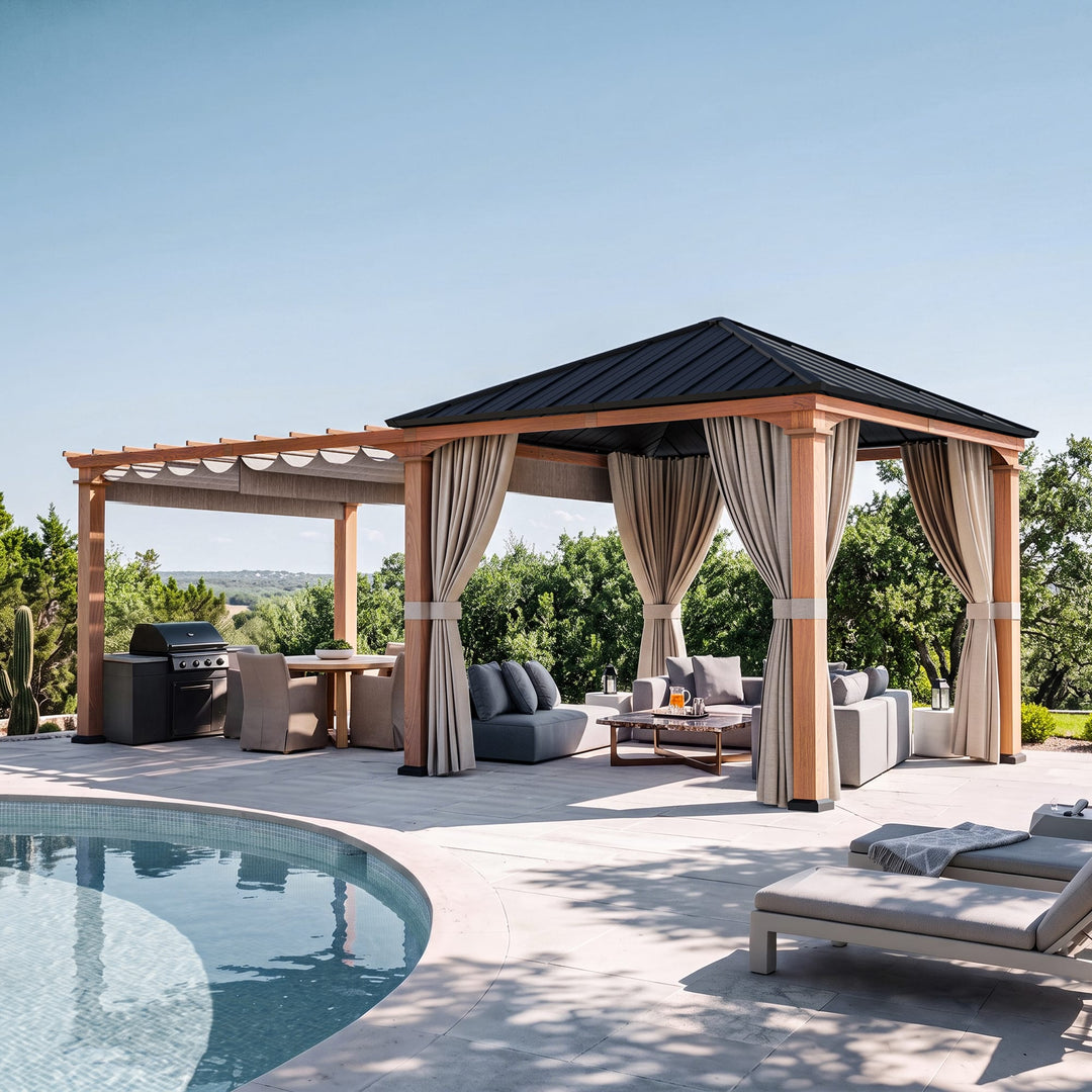 10'x20' Sunrise Coast Metall-Hardtop-Pavillon mit Hybrid-Pavillon + Pergola-Design