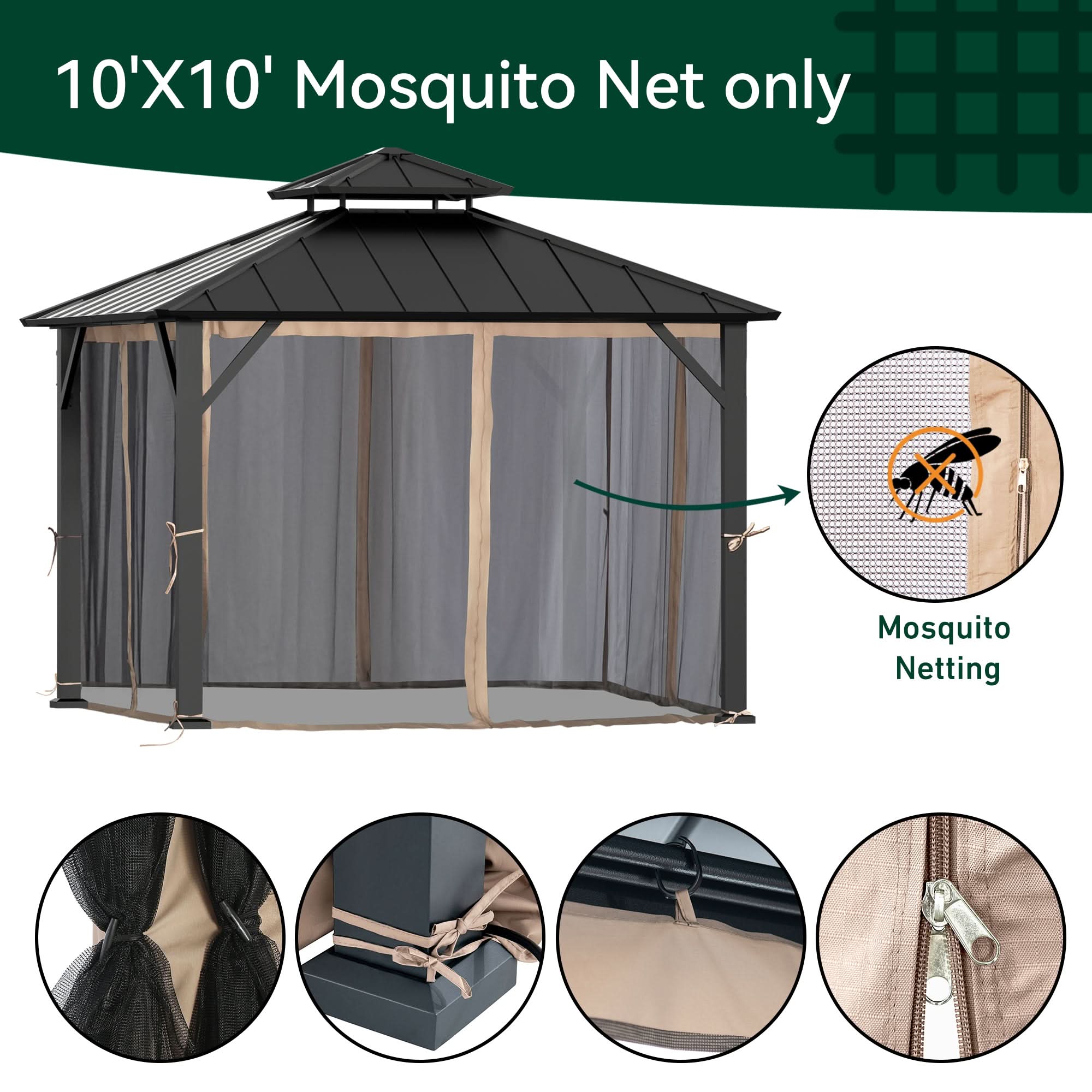 10'x10' Mosquito Netting for Gazebo with Two-way Zipper – Modern Shade