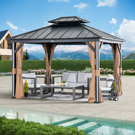 Modern Shade 10' x 12' Hardtop Gazebo with Galvanized Steel Double Roof and 4 LED Lights