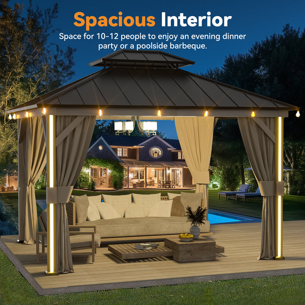 Modern Shade 10' x 12' LED Patio Gazebo Double Roof Gazebo with Mosquito Netting and Curtains