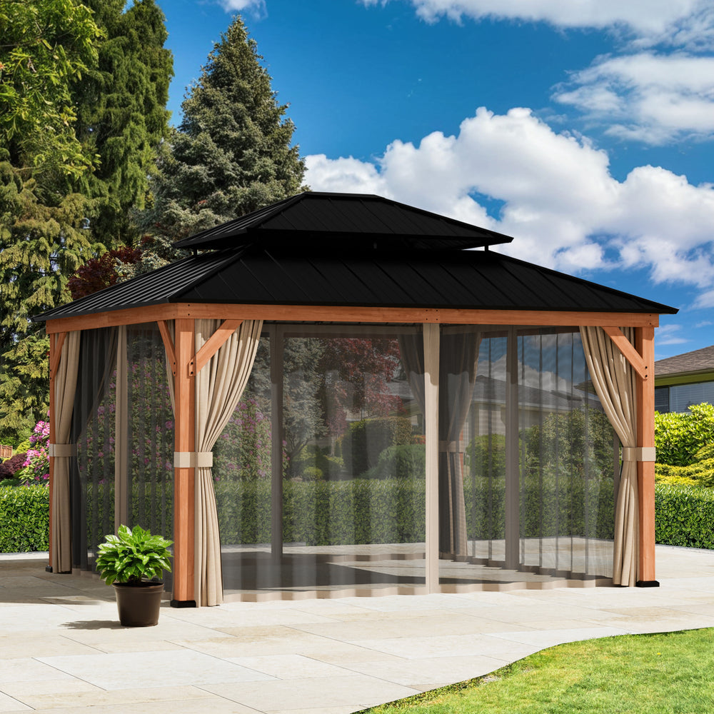 10x12 Privacy Curtains & Mosquito Netting Set for Cedar Wood Gazebo