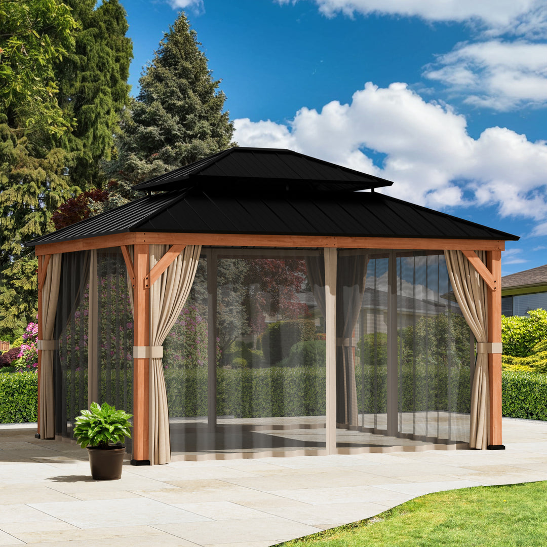 10x12 Privacy Curtains & Mosquito Netting Set for Cedar Wood Gazebo