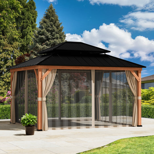 10x12 Privacy Curtains & Mosquito Netting Set for Cedar Wood Gazebo