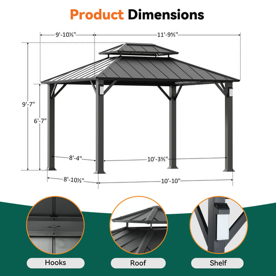 Modern Shade The Horizon Permanent Hardtop Gazebo 10' x 12' w/ 4 LED Lights Outdoor Gazebo w/ Galvanized Steel Double Roof Patio Gazebo w/ Decor Hooks Mosquito Nettings Black