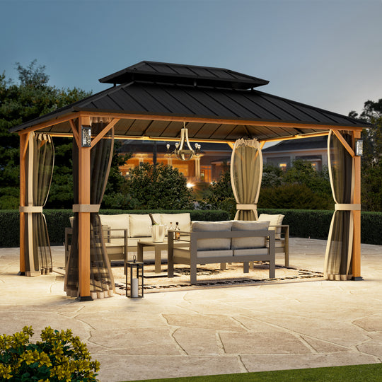 Modern Shade The Horizon Permanent Hardtop Gazebo 10' x 14' w/ 4 LED Lights Outdoor Gazebo w/ Galvanized Steel Double Roof Patio Gazebo w/ Decor Hooks Mosquito Nettings Wood-Looking