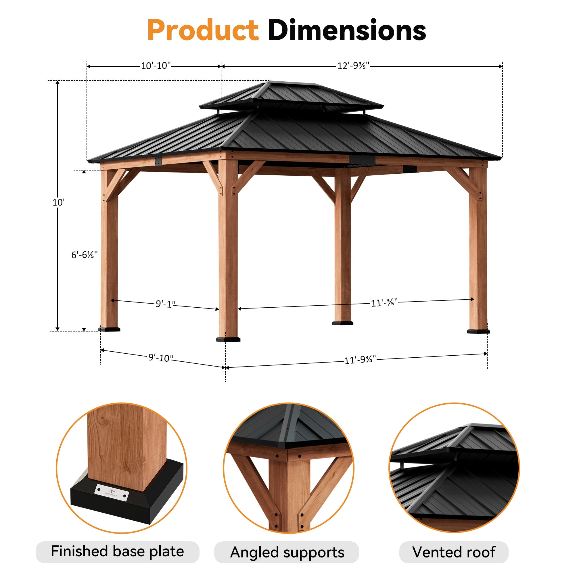 11'x13' Rosewood Cedar Hardtop Gazebo – Modern Shade