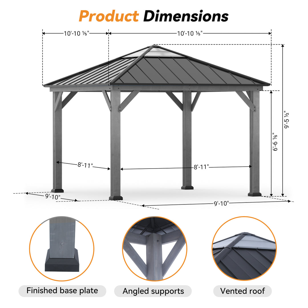 Modern Shade 11' x 11' Cedar Wood Gazebo with Galvanized Steel and Polycarbonate Hip Roof Hardtop