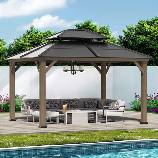 Modern Shade 11' x 13' Cedar Wood Gazebo with Robust Double Steel Roof and Sturdy Hooks for Garden and Deck