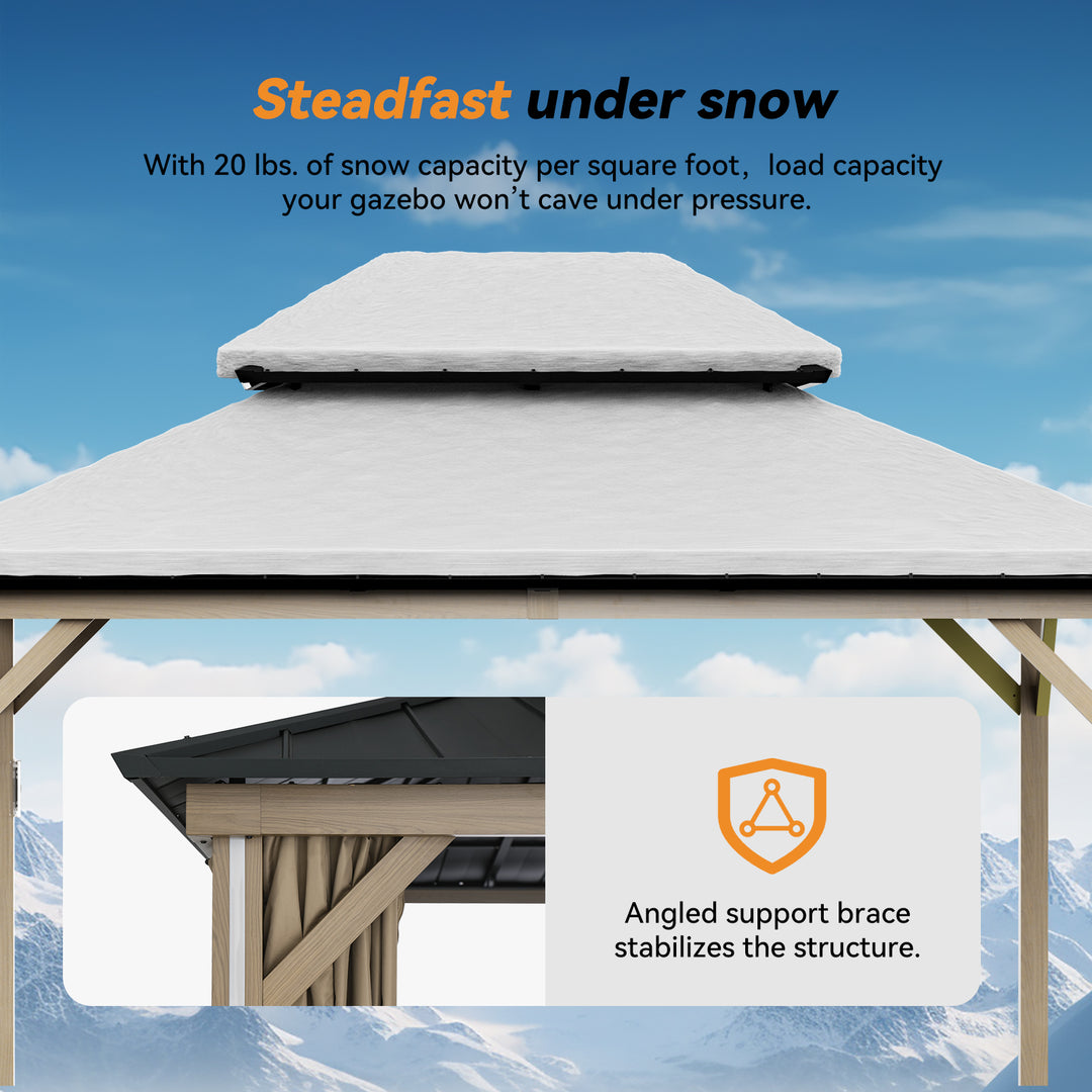 Modern Shade Four Seasons 12' x 14' Hardtop Gazebo with 4 LED Strip Lights Galvanized Steel Double Roof Mosquito Netting and Wood-Look Curtains