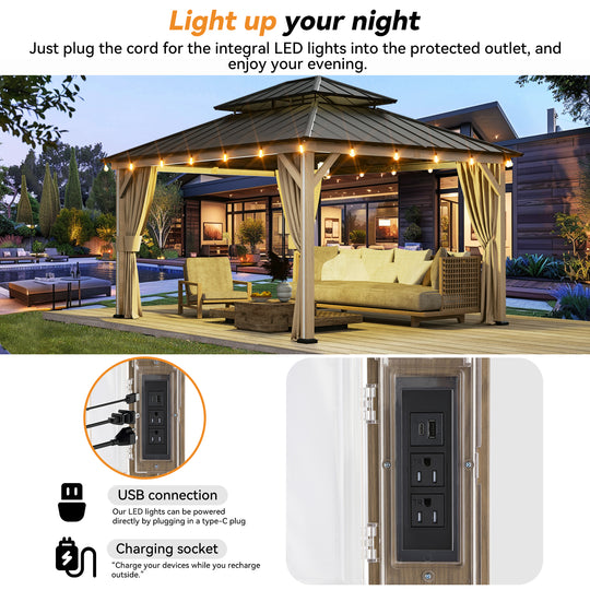 Modern Shade Four Seasons 12' x 14' Hardtop Gazebo with 4 LED Strip Lights Galvanized Steel Double Roof Mosquito Netting and Wood-Look Curtains