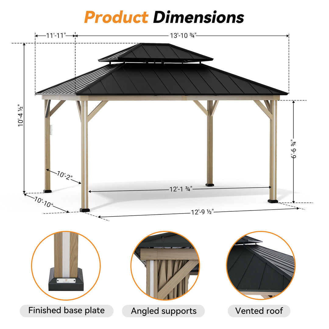 Modern Shade Four Seasons 12' x 14' Hardtop Gazebo with 4 LED Strip Lights Galvanized Steel Double Roof Mosquito Netting and Wood-Look Curtains