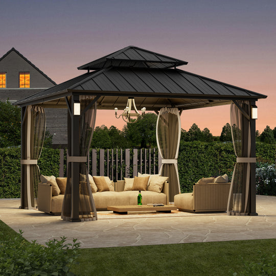 Modern Shade The Horizon Permanent Hardtop Gazebo 12' x 12' w/ 4 LED Lights Outdoor Gazebo w/ Galvanized Steel Double Roof Patio Gazebo w/ Decor Hooks Mosquito Nettings Black