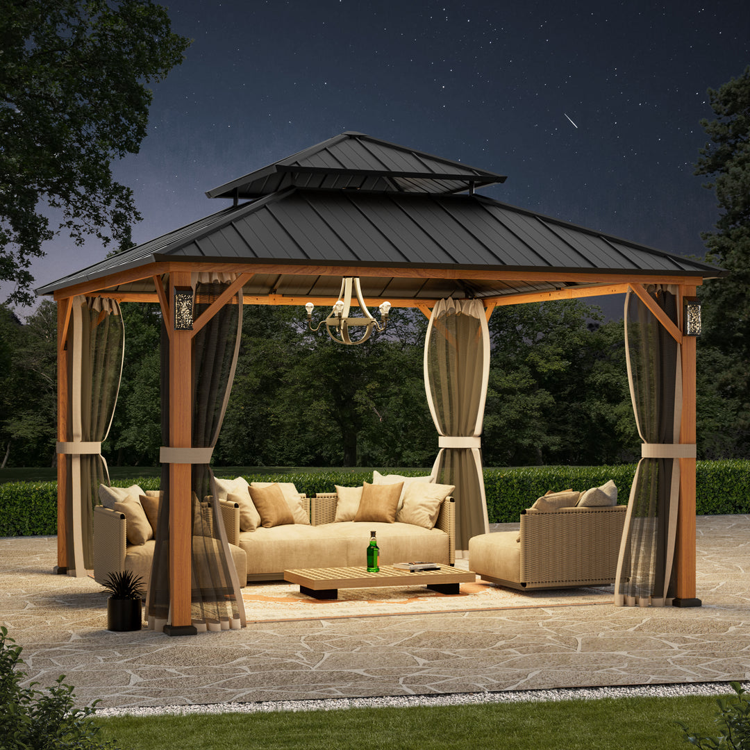 Modern Shade The Horizon Permanent Hardtop Gazebo 12' x 12' w/ 4 LED Lights Outdoor Gazebo w/ Galvanized Steel Double Roof Patio Gazebo w/ Decor Hooks Mosquito Nettings Wood-Looking