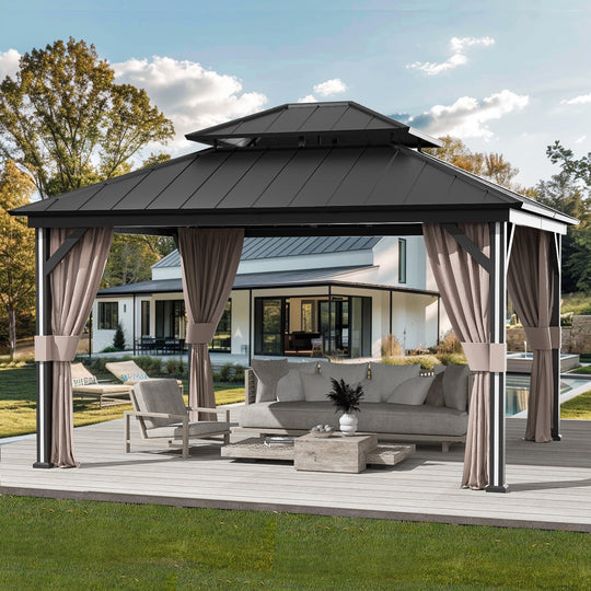 Modern Shade 12' x 14' Four Season Hardtop Gazebo with LED Strip Lights Galvanized Steel Double Roof Mosquito Netting and Curtains