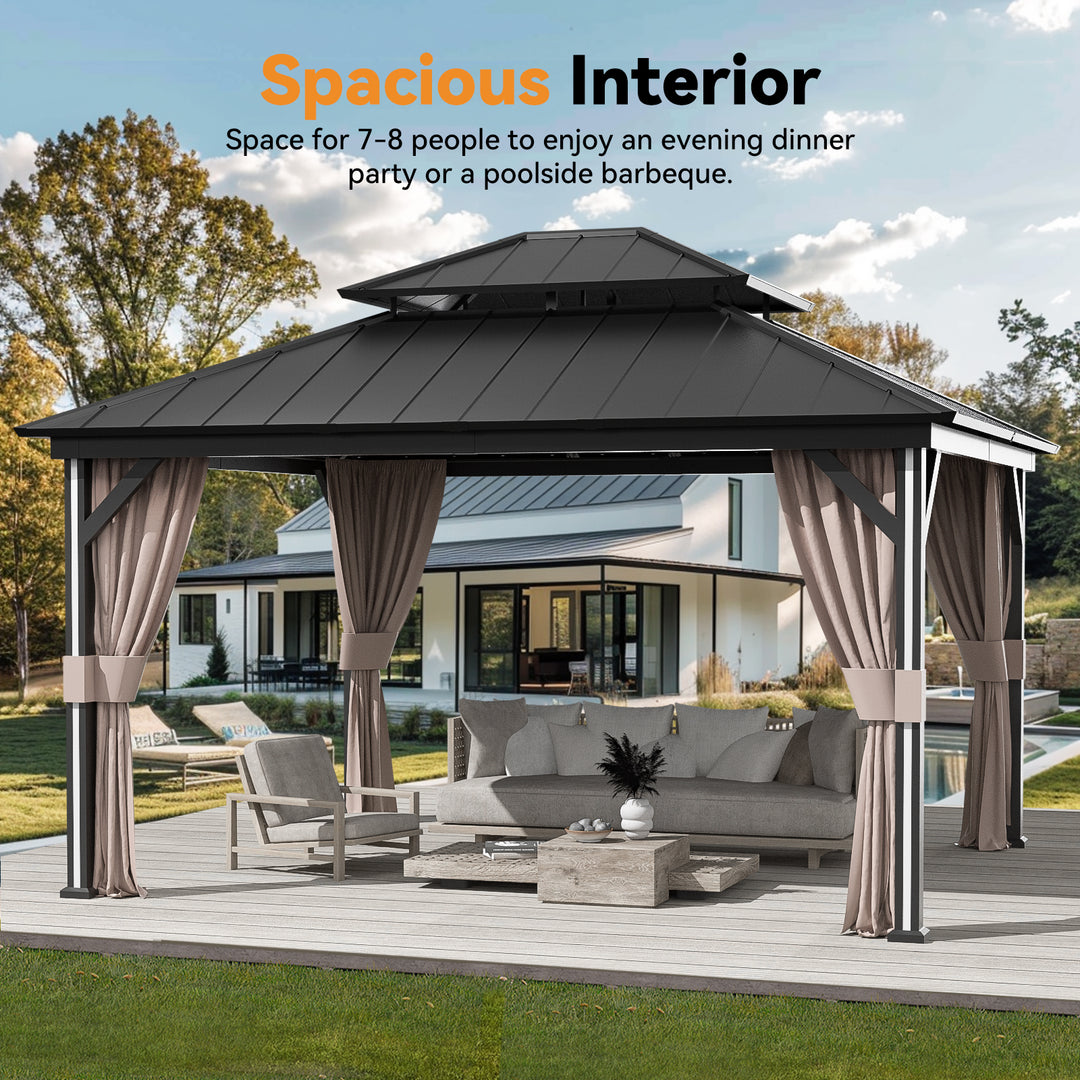 Modern Shade 12' x 14' Four Season Hardtop Gazebo with LED Strip Lights Galvanized Steel Double Roof Mosquito Netting and Curtains