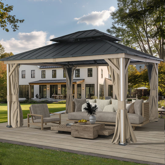 Modern Shade 12' x 14' Hardtop Gazebo with 4 LED Strip Lights Galvanized Steel Double Roof Mosquito Netting and Wood-Look Curtains