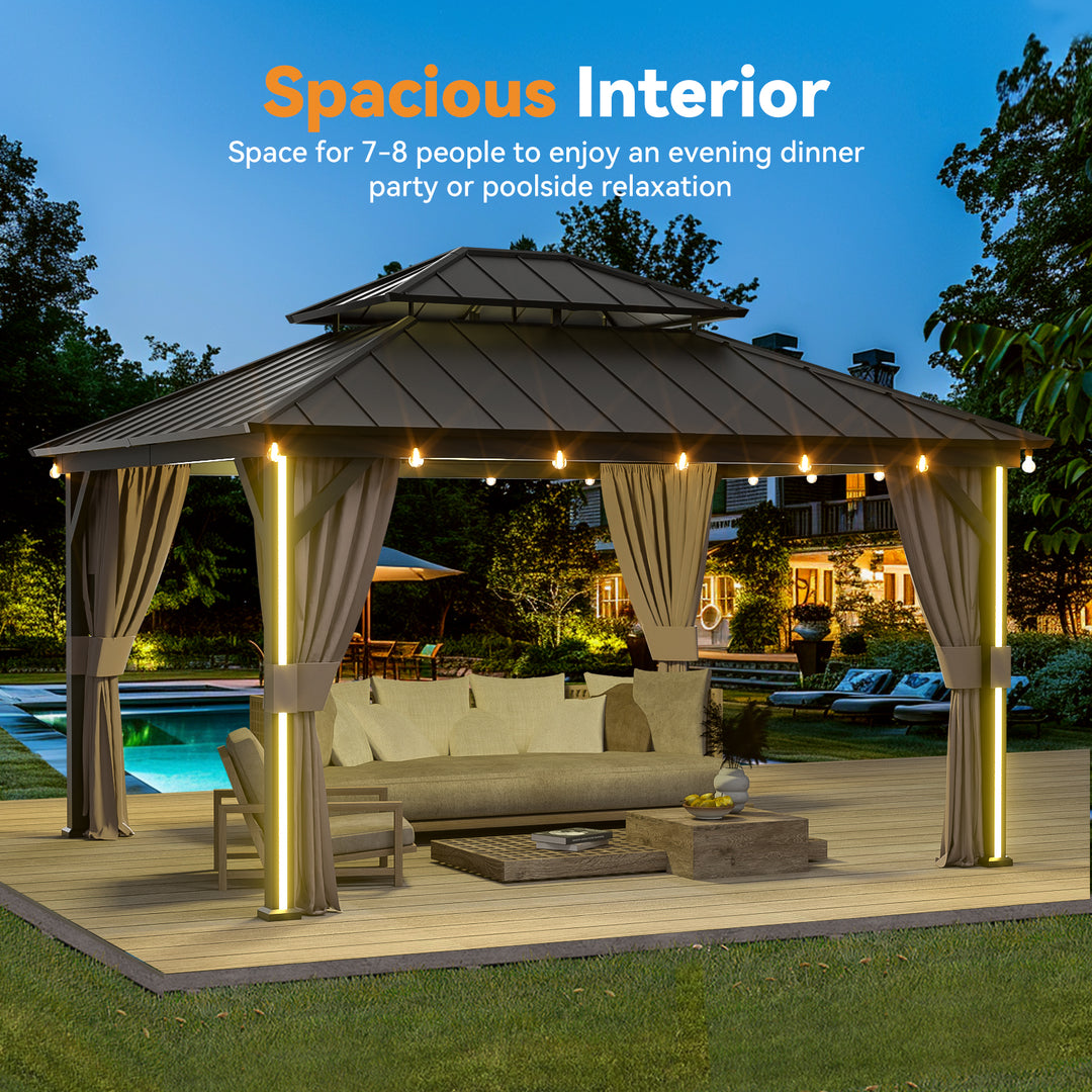 Modern Shade 12' x 14' Four Season Hardtop Gazebo with LED Strip Lights Galvanized Steel Double Roof Mosquito Netting and Curtains