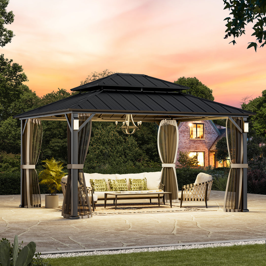 Modern Shade The Horizon Permanent Hardtop Gazebo 12' x 14' w/ 4 LED Lights Outdoor Gazebo w/ Galvanized Steel Double Roof Patio Gazebo w/ Decor Hooks Mosquito Nettings Black