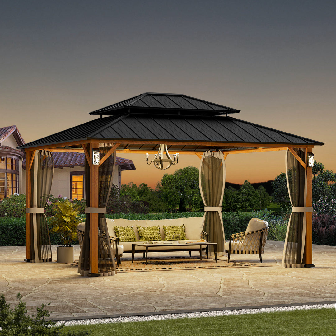 Modern Shade The Horizon Permanent Hardtop Gazebo 12' x 14' w/ 4 LED Lights Outdoor Gazebo w/ Galvanized Steel Double Roof Patio Gazebo w/ Decor Hooks Mosquito Nettings Wood-Looking