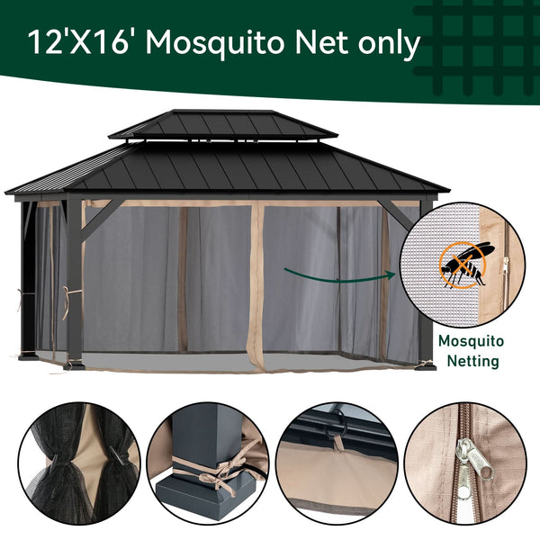 12'x16' Mosquito Netting for Gazebo with Two-way Zipper