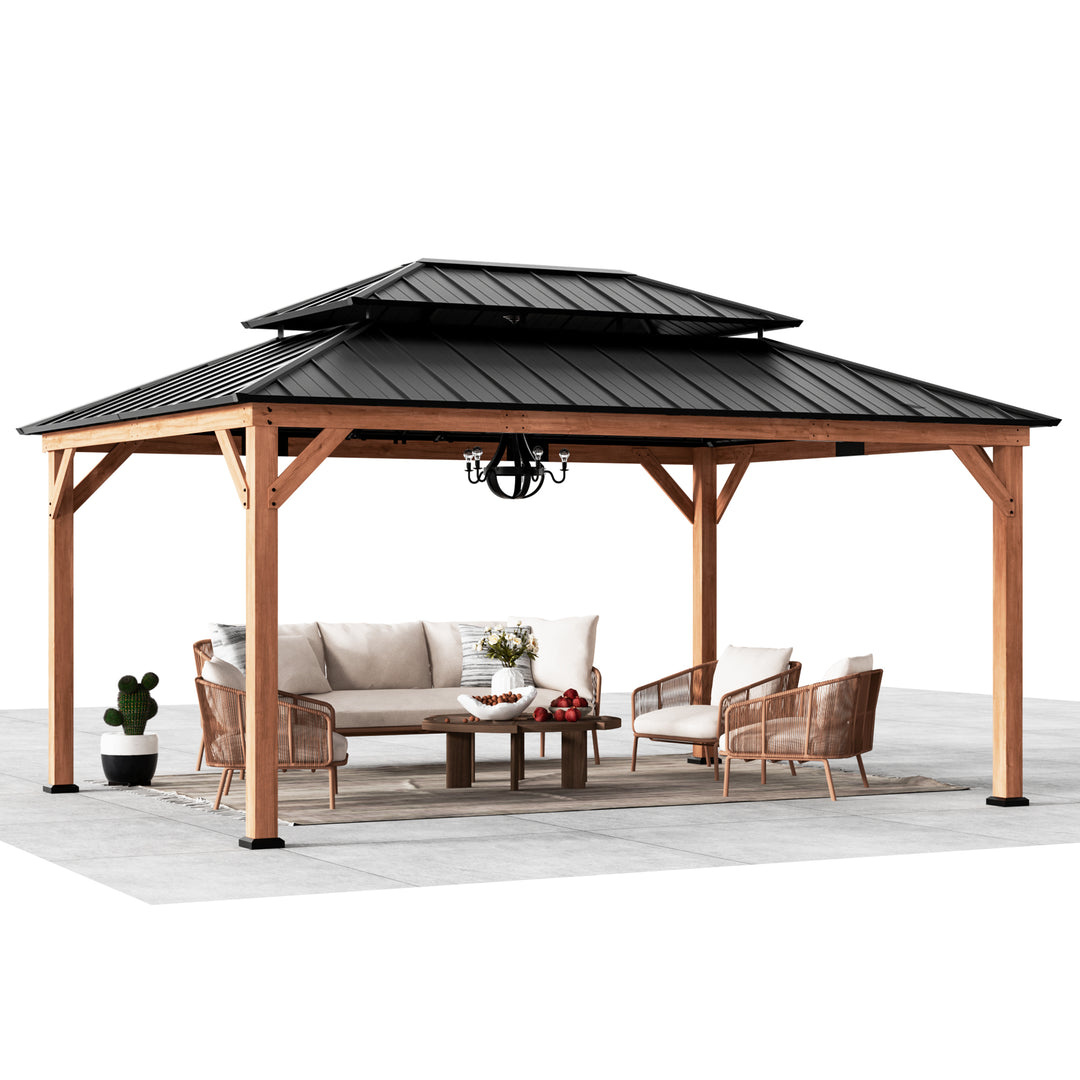 Modern Shade Rosewood Wood Gazebo 12' x 16', Cedar Framed Wooden Gazebo with Double Galvanized Steel Roof, Permanent Hardtop Wood Grill Gazebo with Sturdy Hooks for Garden, Backyard, Patio, and Deck