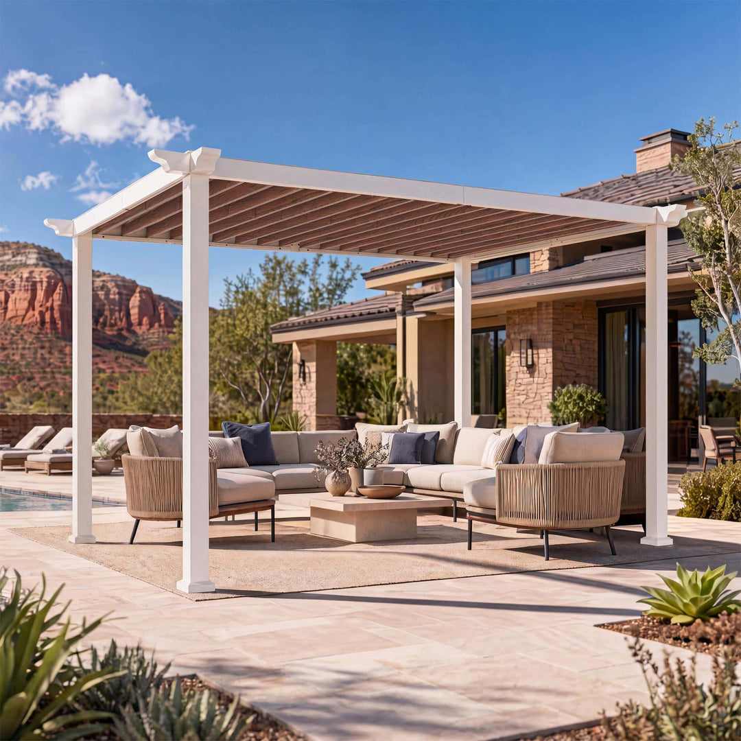 10x12 Fuß Open Sky Metallpergola mit Holzmaserung