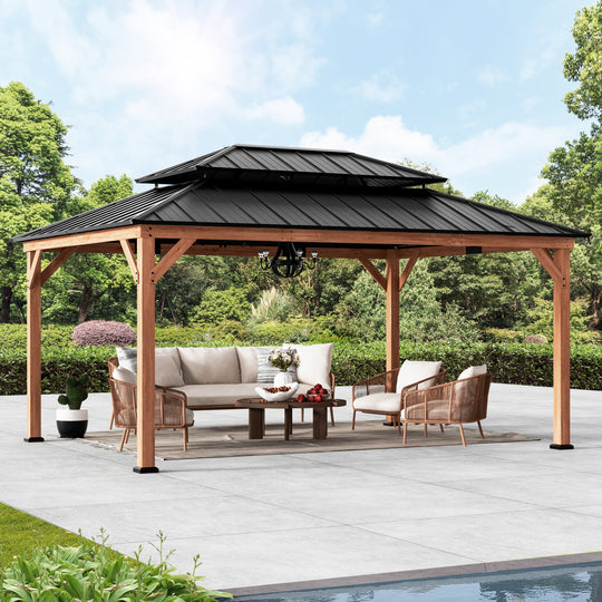 Modern Shade Rosewood Wood Gazebo 12' x 16', Cedar Framed Wooden Gazebo with Double Galvanized Steel Roof, Permanent Hardtop Wood Grill Gazebo with Sturdy Hooks for Garden, Backyard, Patio, and Deck