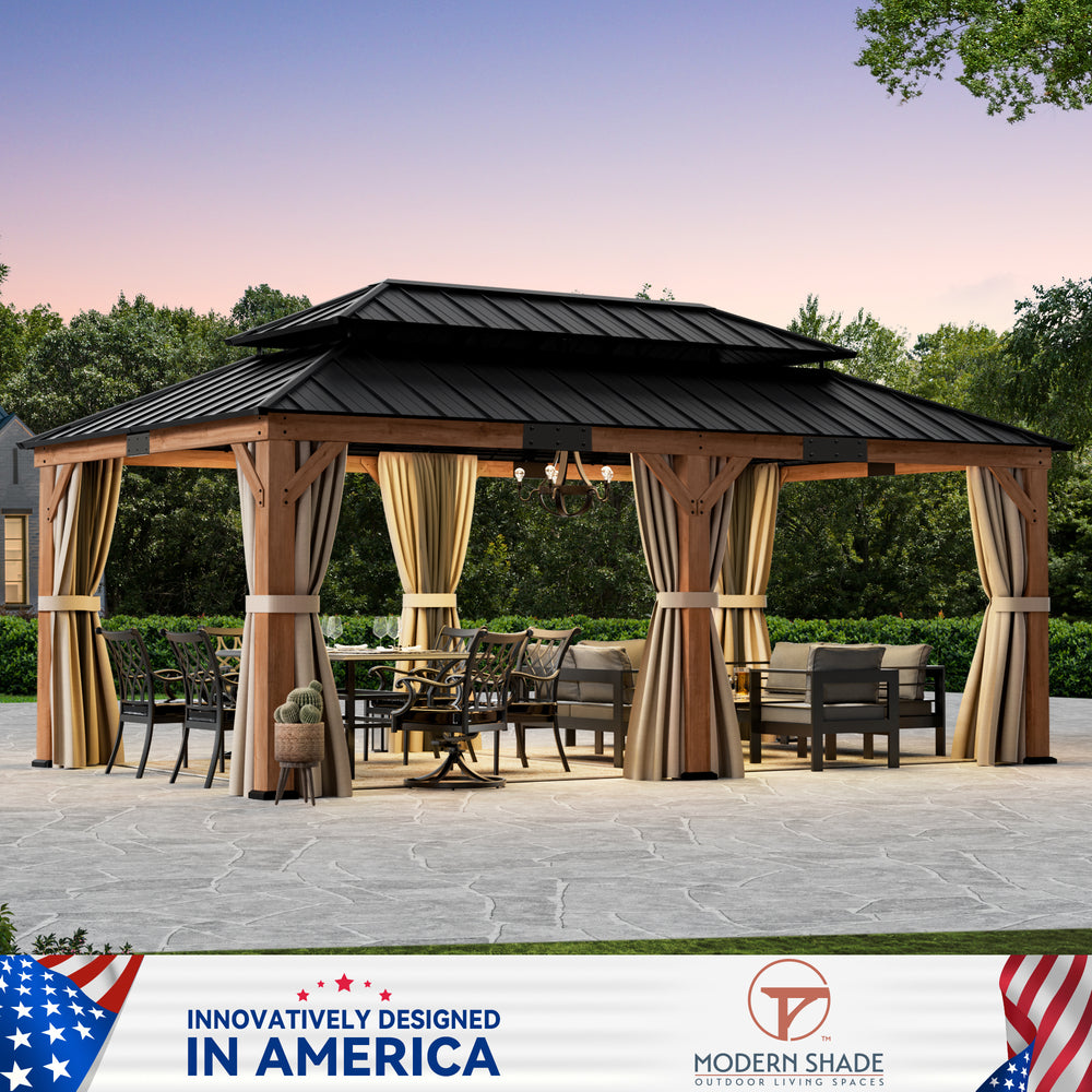 Modern Shade Rosewood Wood Gazebo 12' x 20', Cedar Framed Wooden Gazebo with Double Galvanized Steel Roof, Mosquito Netting and Curtains，Permanent Hardtop Wood Gazebo with Sturdy Hooks for Garden, Backyard, Patio, and Deck