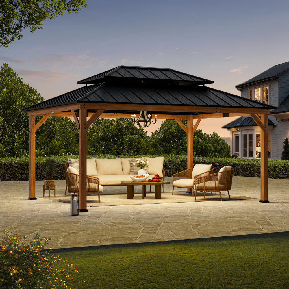 Modern Shade Rosewood Wood Gazebo 12' x 16', Cedar Framed Wooden Gazebo with Double Galvanized Steel Roof, Permanent Hardtop Wood Grill Gazebo with Sturdy Hooks for Garden, Backyard, Patio, and Deck