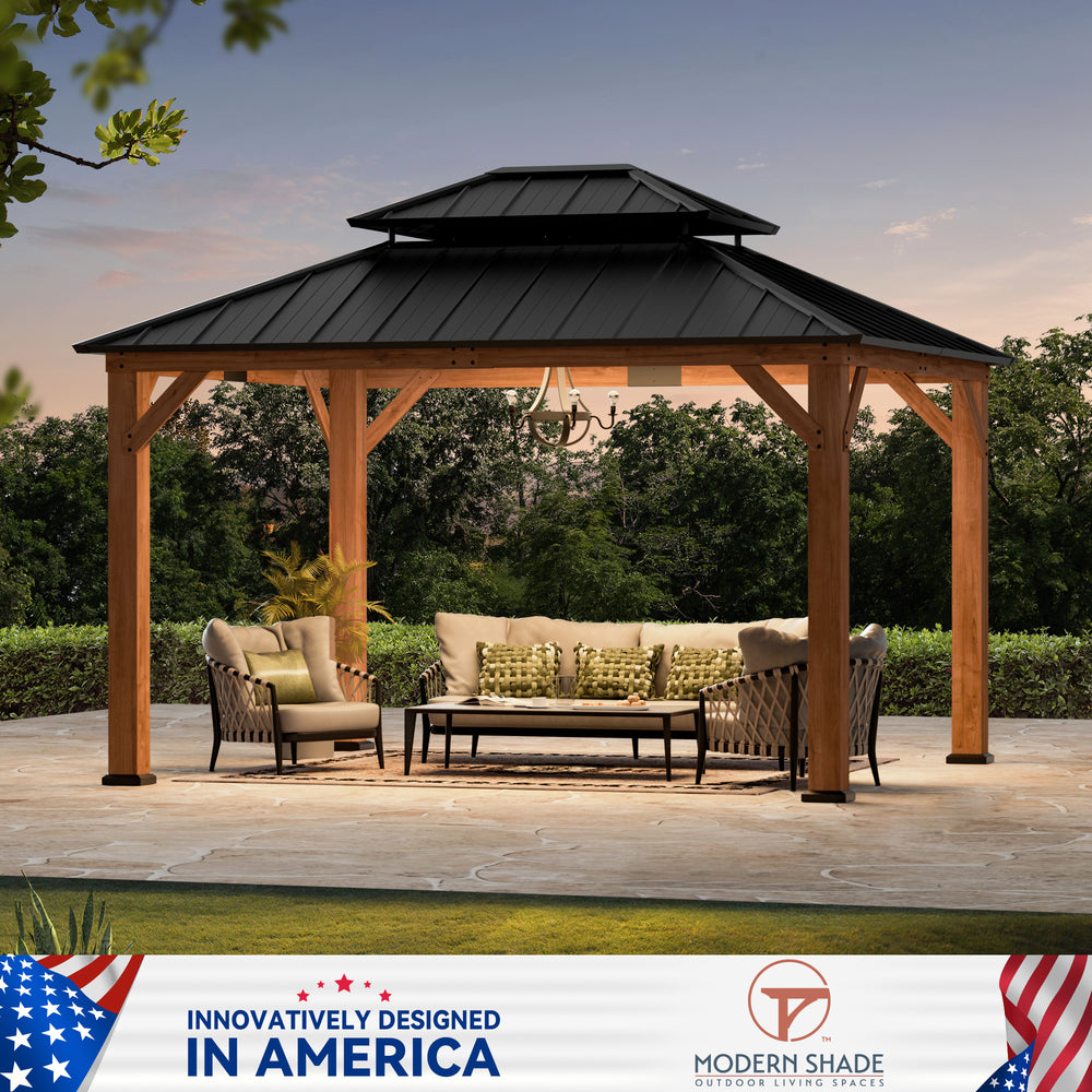 Modern Shade Rosewood Wood Gazebo 10' x 12', Cedar Framed Grill Gazebo with Double Galvanized Steel Roof, Permanent Hardtop Pavilion with Sturdy Hooks for Garden, Backyard, Patio, and Deck