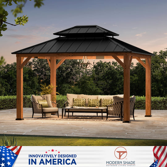 Modern Shade Rosewood Wood Gazebo 10' x 12', Cedar Framed Grill Gazebo with Double Galvanized Steel Roof, Permanent Hardtop Pavilion with Sturdy Hooks for Garden, Backyard, Patio, and Deck