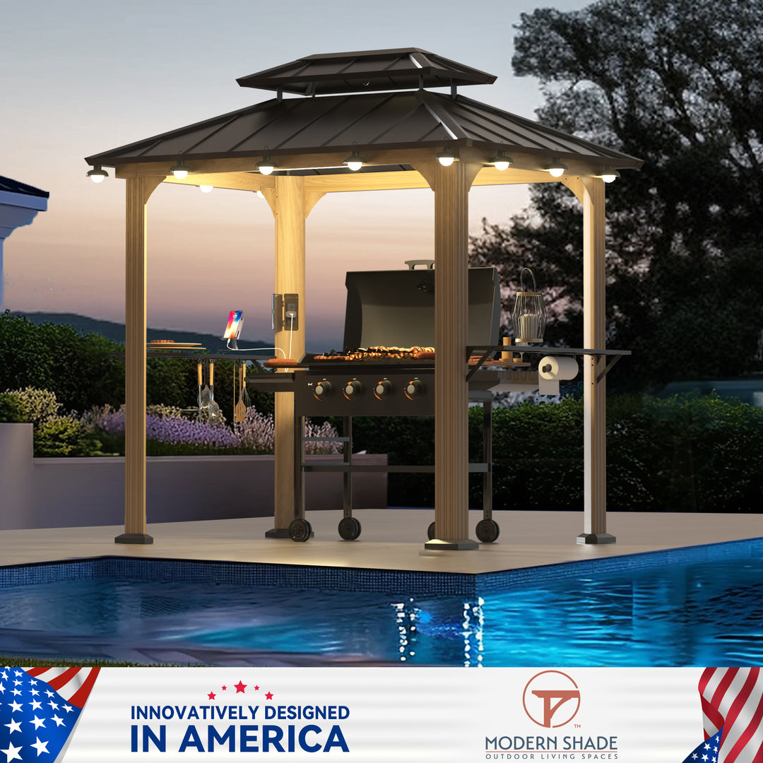 Modern Shade Grill Gazebo 6' X 8' Aluminum with Shelves Ceiling Hook and Galvanized Steel Roof for Wood Look Design