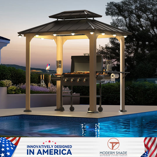 Modern Shade Grill Gazebo 6' X 8' Aluminum with Shelves Ceiling Hook and Galvanized Steel Roof for Wood Look Design