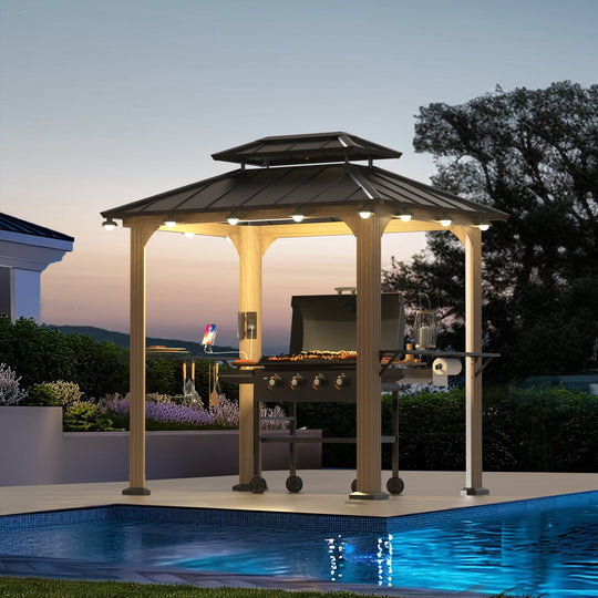 Modern Shade Grill Gazebo 6' X 8' Aluminum with Shelves Ceiling Hook and Galvanized Steel Roof for Wood Look Design