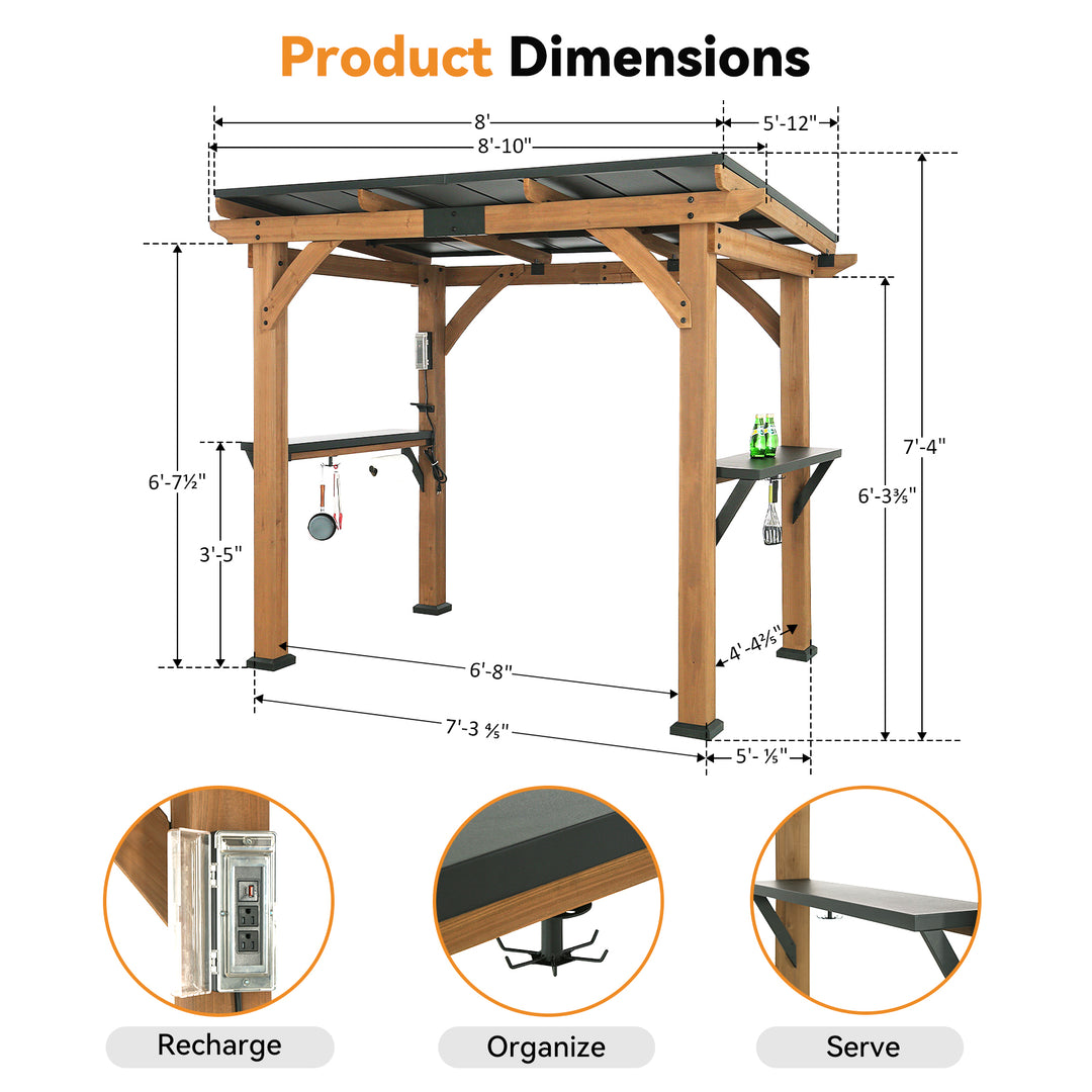 Modern Shade Cedar Wood Grill Gazebo 6' X 8' Patio Gazebo with Galvanized Steel Roof USB and USB-C Charging Ports