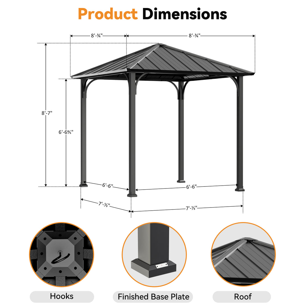 Modern Shade 8'x8' Hardtop Gazebo with Galvanized Steel Roof & Detachable Curtains, Permanent Metal Gazebo Outdoor Pavilion for Backyard, Deck, Garden - All-Weather Patio Cover