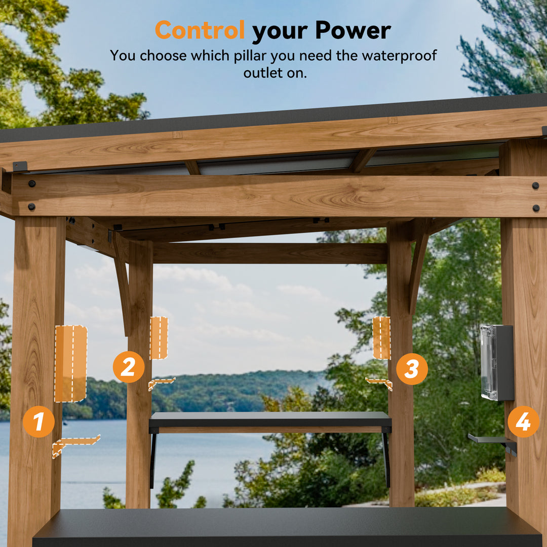 Modern Shade Cedar Wood Grill Gazebo 6' X 8' Patio Gazebo with Galvanized Steel Roof USB and USB-C Charging Ports