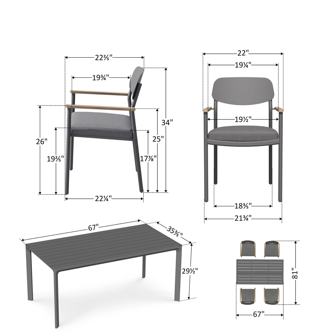 5-teiliges Outdoor-Esszimmer-Set aus Aluminium mit Seilstühlen